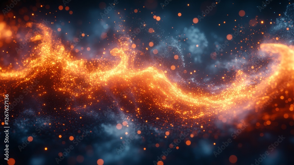 Fototapeta premium Abstract fiery wave with glowing particles and dark background.