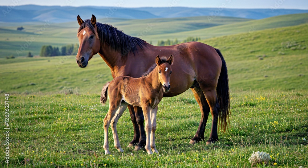Obraz premium Mustang Mare Standing Protectively Over Her Young Foal in a Lush, Rolling Green Valley 