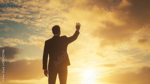 The businessman in a suit walked confidently up the mountain path, his hand holding the key to success, happy to reach the top. business, mountain, man, top, success, businessman, happy, path, hand
