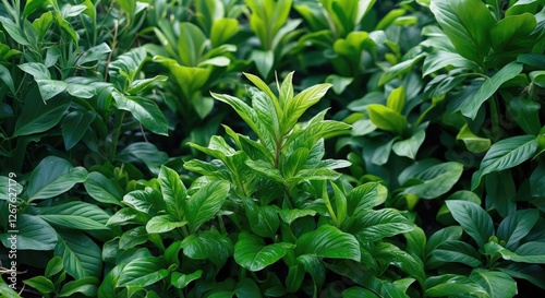 Vibrant lush green foliage showcasing the beauty and diversity of tropical plants in a serene garden setting photo