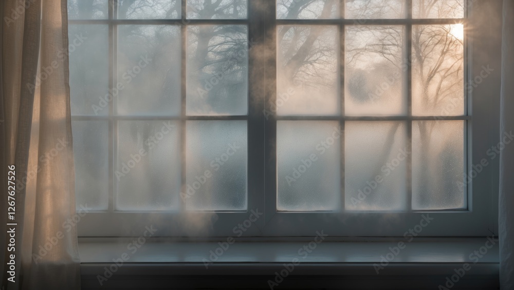 Fototapeta premium Morning sunlight through a foggy window creating a serene atmosphere with soft natural light and condensation effects