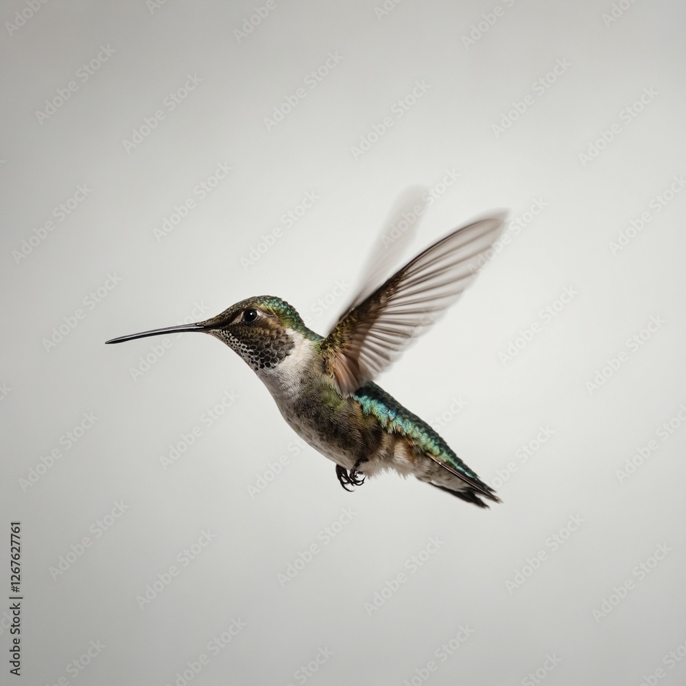 Fototapeta premium A tiny hummingbird hovering in mid-air, wings blurred in motion, clear white background.