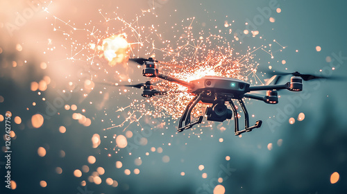 Futuristic drone exploding in midair with sparks and digital connections representing cybersecurity attack autonomous aerial technology military surveillance and electronic warfare photo