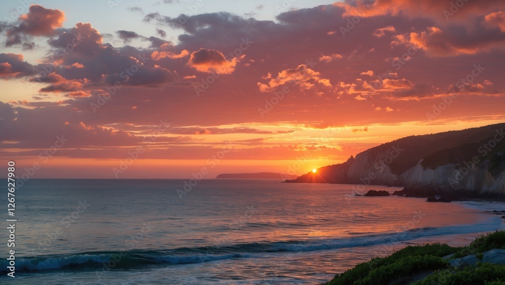 Tranquil Coastal Sunset Over Ocean Waves with Vibrant Clouds and Silhouette of Rocky Shoreline Tranquil Coastal Sunset Over Ocean Waves with Vibrant Clouds and Silhouette of Rocky Shoreline