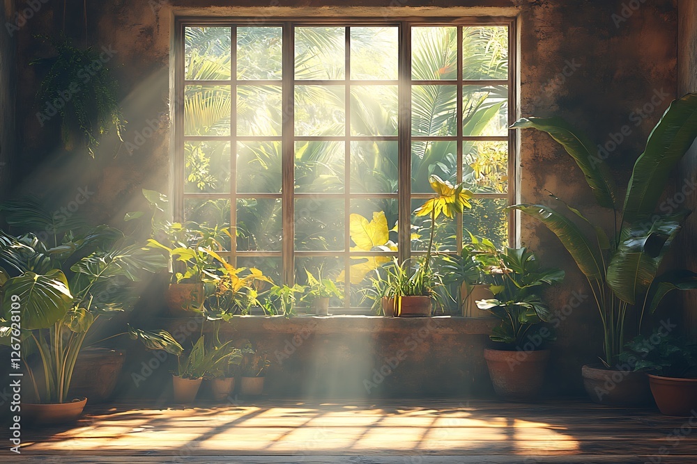 Fototapeta premium Sunlight streaming through a rustic window, illuminating lush indoor plants in a serene setting