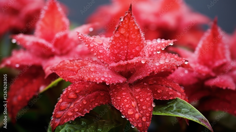 Crimson blossom bejeweled with crystalline droplets in the soft daylight Crimson blossom bejeweled with crystalline droplets in the soft daylight