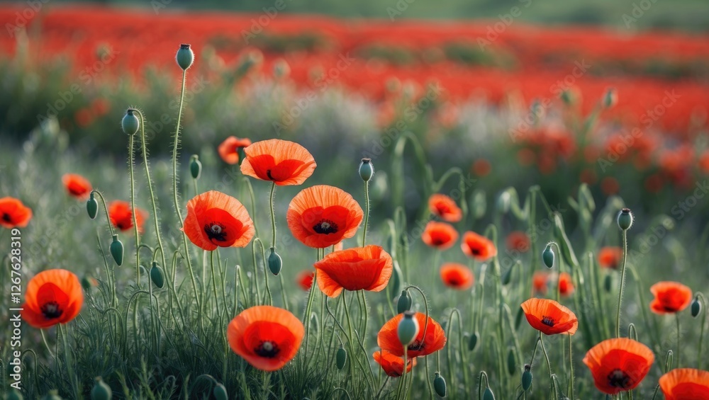 Fototapeta premium Vibrant red poppies blooming in a wild field under soft light showcasing the beauty of nature and the tranquility of a floral landscape.