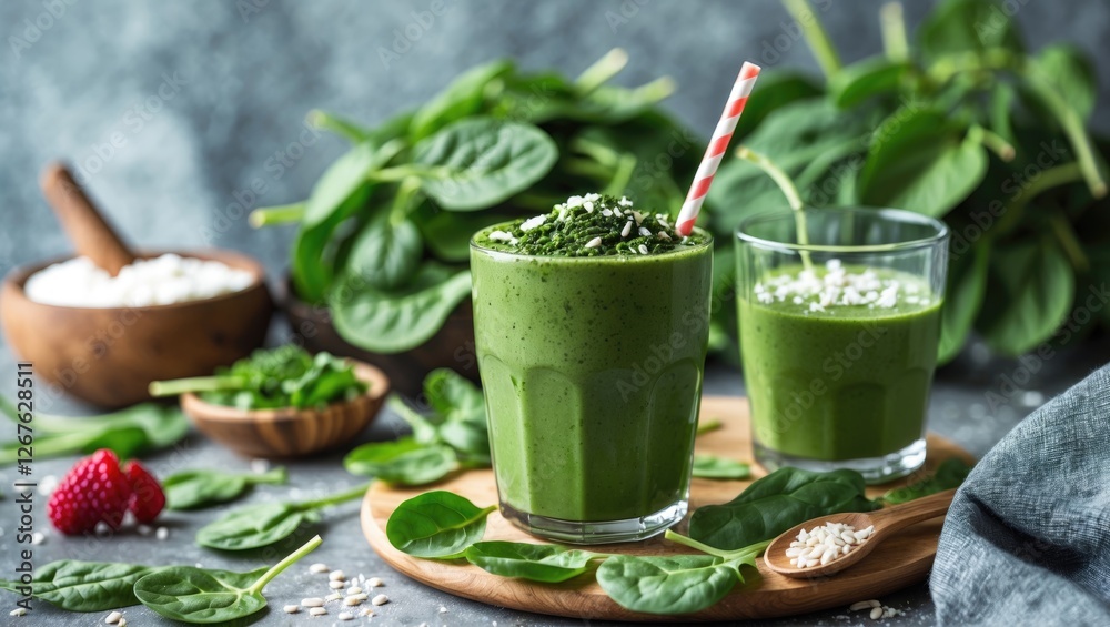 Refreshing Green Spinach Smoothies with Toppings for Healthy Eating and Active Lifestyle Promotion Refreshing Green Spinach Smoothies with Toppings for Healthy Eating and Active Lifestyle Promotion