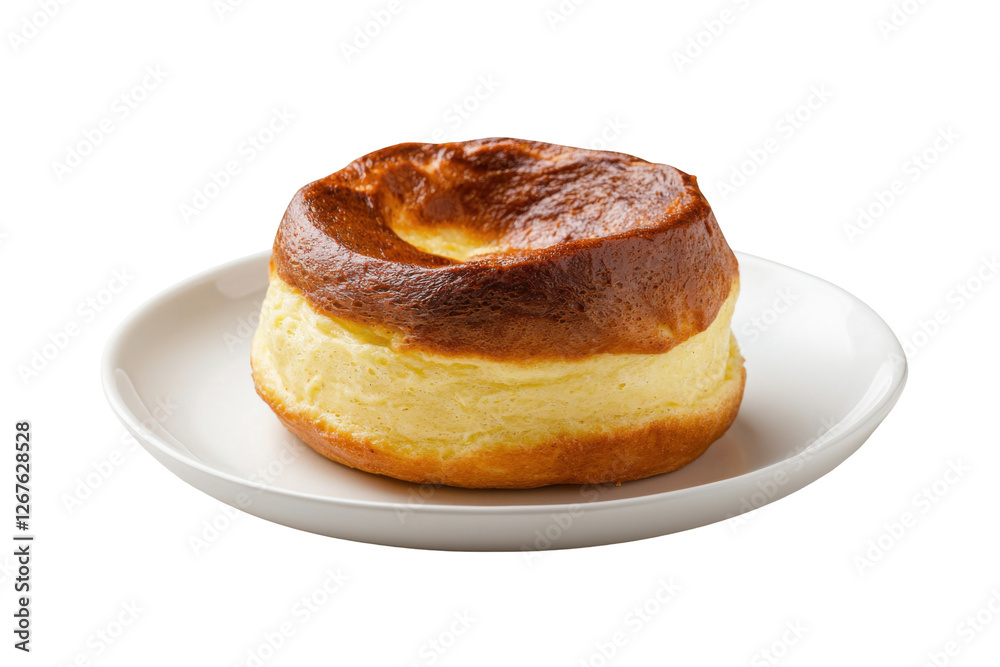 Delicious golden souffle on a white plate, perfect for breakfast or dessert., transparent background. Delicious golden souffle on a white plate, perfect for breakfast or dessert., transparent background.