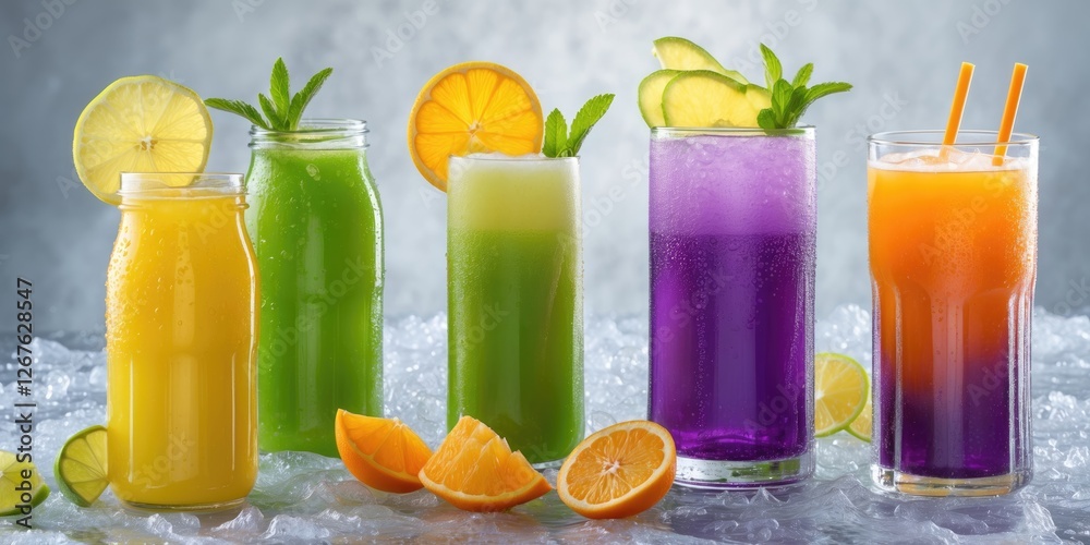Fototapeta premium Colorful Selection of Refreshing Cold Juice Drinks on Ice with Citrus Garnishes and Space for Text in a Bright Background