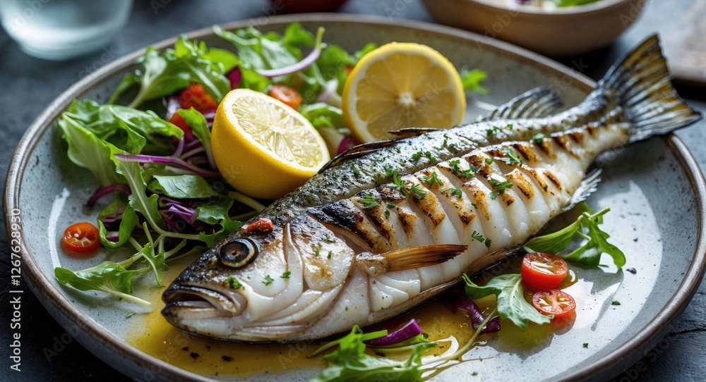 Grilled Seabass Garnished With Lemon Served On A Plate With Fresh Salad Mix And Copy Space For Text Grilled Seabass Garnished With Lemon Served On A Plate With Fresh Salad Mix And Copy Space For Text