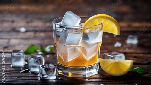 Refreshing cold drink with ice cubes and lemon slices on a rustic wooden background ideal for summer beverage promotions. photo