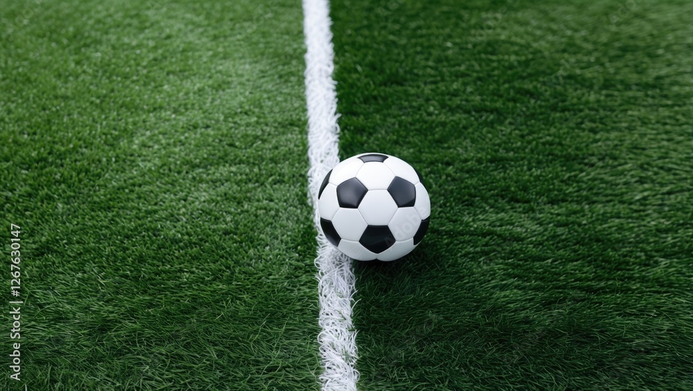 Soccer Ball Resting on Artificial Turf With White Line and Copy Space for Sports Promotions or Marketing Soccer Ball Resting on Artificial Turf With White Line and Copy Space for Sports Promotions or Marketing