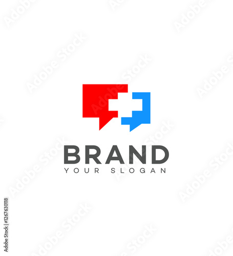 Medical Chat Logo Design Red, Blue Speech Bubbles, Plus Sign