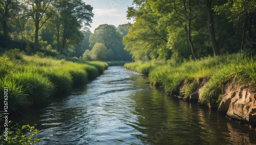 Tranquil Freshwater Channel Flowing Through Lush Greenery in a Nature Reserve with Space for Text Overlay