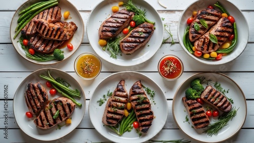 Wallpaper Mural Grilled Meats and Vegetables Arranged on White Plates with Colorful Garnishes and Sauces on Wooden Table Top View for Culinary Design Torontodigital.ca