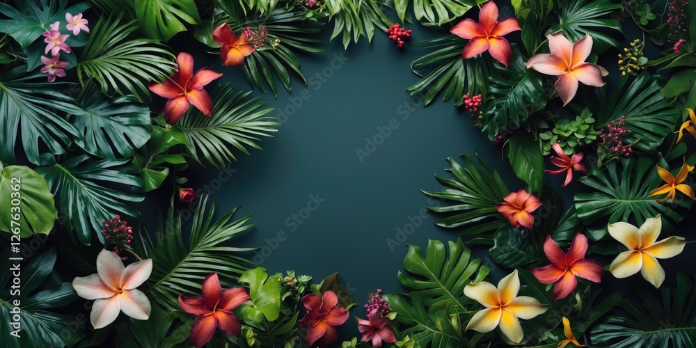 Tropical Flowers and Leaves Arrangement with Empty Center Space for Text Design on Dark Background Nature Concept Tropical Flowers and Leaves Arrangement with Empty Center Space for Text Design on Dark Background Nature Concept