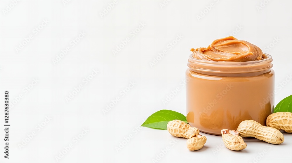 Creamy peanut butter in a jar, accompanied by peanuts and leaves. A delicious and nutritious treat! Creamy peanut butter in a jar, accompanied by peanuts and leaves. A delicious and nutritious treat!