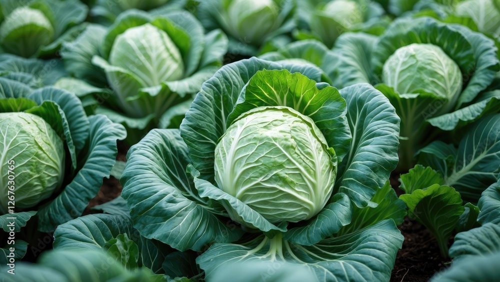 Fototapeta premium Vibrant Fresh Cabbage Plants in a Field Ready for Harvest with Lush Green Leaves and Space for Overlay Text