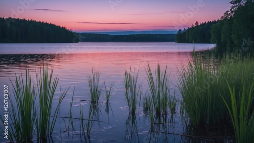 Tranquil Finnish summer night by a serene lake with pastel sunset colors and lush water grasses reflecting peaceful nature.