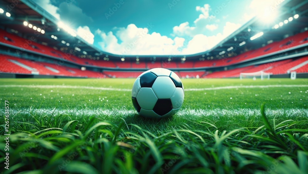Naklejka premium Soccer Ball on Lush Green Grass Field in Modern Stadium with Bright Sky and Spectator Seats in Background