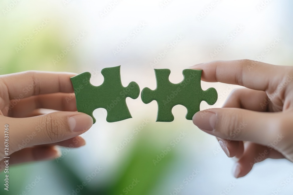 Green Puzzle Pieces Held by Hands Ready to Connect Green Puzzle Pieces Held by Hands Ready to Connect