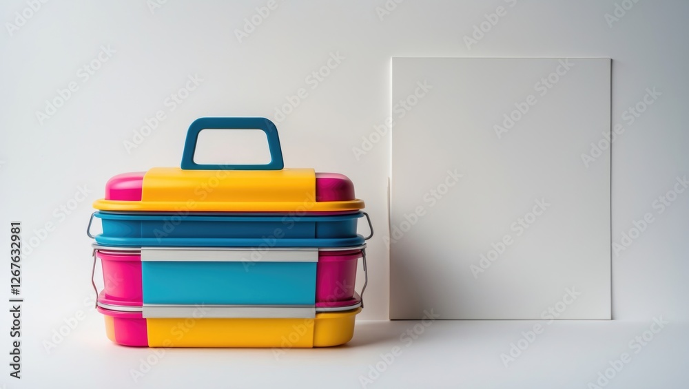 Colorful Tiffin Food Carrier with Handle and Blank Canvas on White Background for Food Presentation and Catering Concepts Colorful Tiffin Food Carrier with Handle and Blank Canvas on White Background for Food Presentation and Catering Concepts