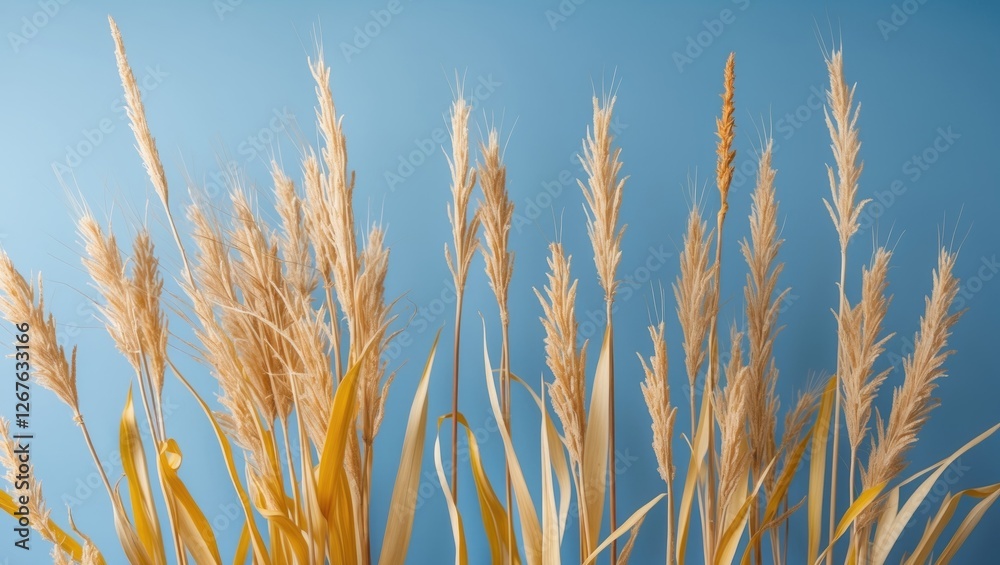 Golden Dry Reeds Against Soft Blue Background Emphasizing Summery Pastel Tones Perfect for Nature and Interior Design Themes Golden Dry Reeds Against Soft Blue Background Emphasizing Summery Pastel Tones Perfect for Nature and Interior Design Themes