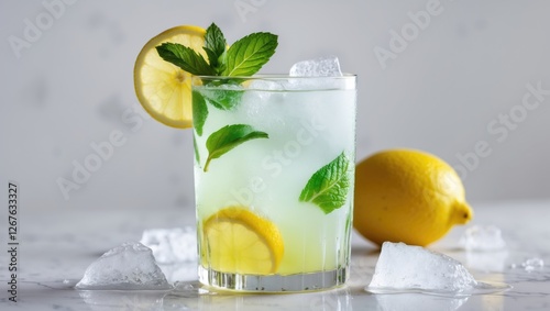 Refreshing Hugo Spritz Cocktail Garnished with Mint and Lemon Slices Served Over Ice on a Clean White Background