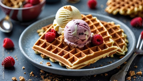 Indulgent dessert featuring golden waffles topped with creamy ice cream and fresh raspberries served on a stylish plate.