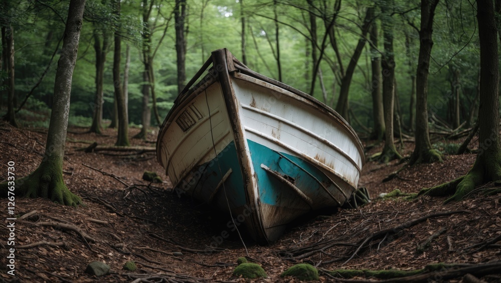 Abandoned Boat Surrounded By Lush Forest Glade Amidst Nature's Decay and Serenity in a Peaceful Woodland Setting Abandoned Boat Surrounded By Lush Forest Glade Amidst Nature's Decay and Serenity in a Peaceful Woodland Setting