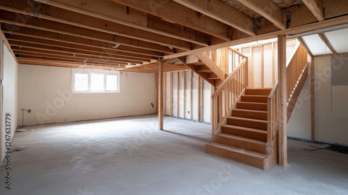 Industrial Charm: A high-angle shot of a modern basement under construction, focusing on the wooden staircase that spirals gently down to the cement floor. 