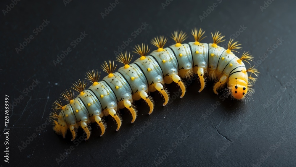 Fototapeta premium Vibrant Yellow Hairs Caterpillar on Black Background Macro View with Space for Text Creative Nature Photography