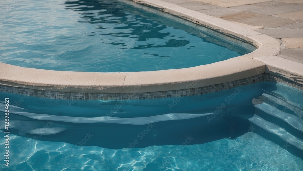 Curved Edge of a Swimming Pool with Clear Blue Water and Stone Surrounding Curved Edge of a Swimming Pool with Clear Blue Water and Stone Surrounding