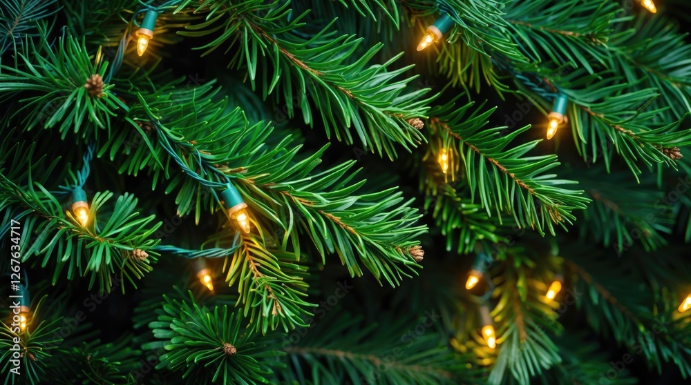 Pine branches adorned with warm glowing lights creating a festive Christmas atmosphere perfect for holiday backgrounds and decorations. Pine branches adorned with warm glowing lights creating a festive Christmas atmosphere perfect for holiday backgrounds and decorations.