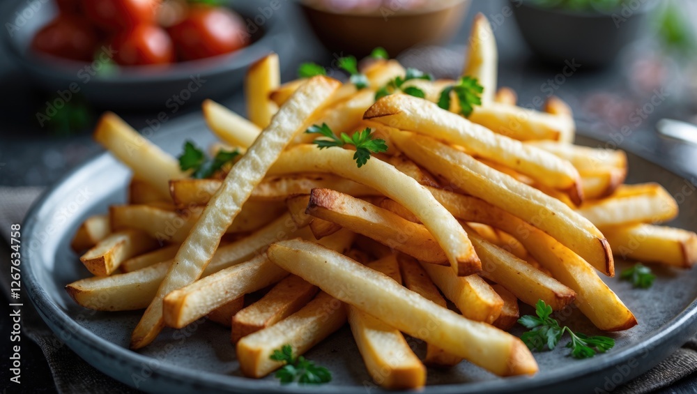 Crispy Golden French Fries Stacked on a Plate with Fresh Herbs and a Blurred Background of Dipping Sauces and Vegetables Crispy Golden French Fries Stacked on a Plate with Fresh Herbs and a Blurred Background of Dipping Sauces and Vegetables