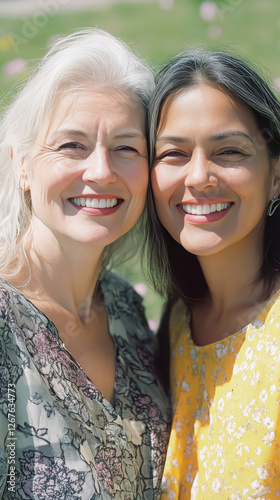 White Caucasian woman 50s grey hair mother mentor, daughter friend 20s mixed race, smiling happy sunny day outside park