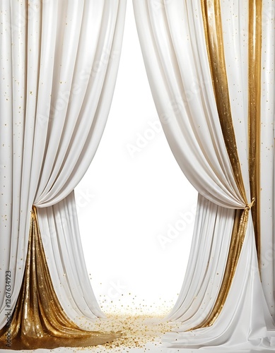 Elegant backdrop of white and shimmering gold curtains unveiling a spectacle