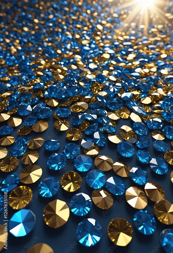 Fototapeta premium Dazzling Array, A Symphony of Blue and Gold Gemstones Under Radiant Light