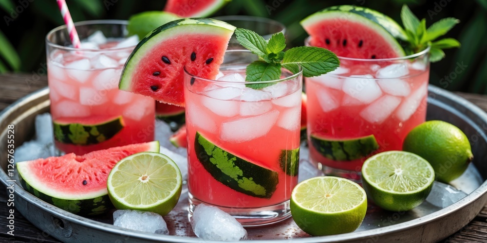 Refreshing Watermelon Lemonade with Lime and Mint Served on Metal Tray for Summer Parties with Empty Space for Custom Text Refreshing Watermelon Lemonade with Lime and Mint Served on Metal Tray for Summer Parties with Empty Space for Custom Text