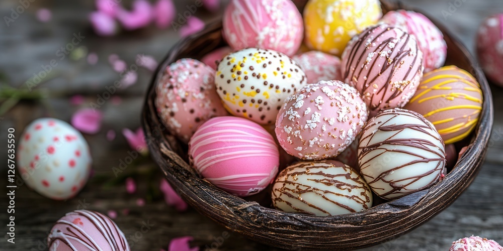 A detailed close-up view of a bowl filled with colorful chocolate-covered Easter eggs, showcasing their glossy surfaces and festive designs. A detailed close-up view of a bowl filled with colorful chocolate-covered Easter eggs, showcasing their glossy surfaces and festive designs.