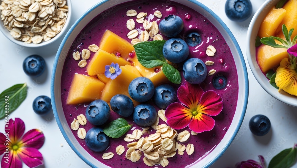 Fototapeta premium Vibrant Smoothie Bowl Topped With Fresh Fruits Blueberries Edible Flowers And Oats Capturing A Bright Healthy Breakfast Scene