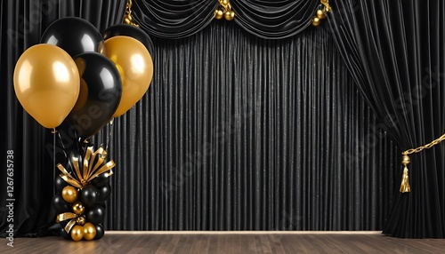 Elegant Black and Gold Celebration Backdrop with Balloons and Drapes