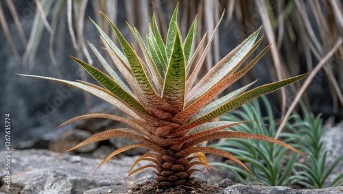 Vibrant Dracaena loureiri plant showcasing its unique foliage against a rocky backdrop in a natural setting. photo