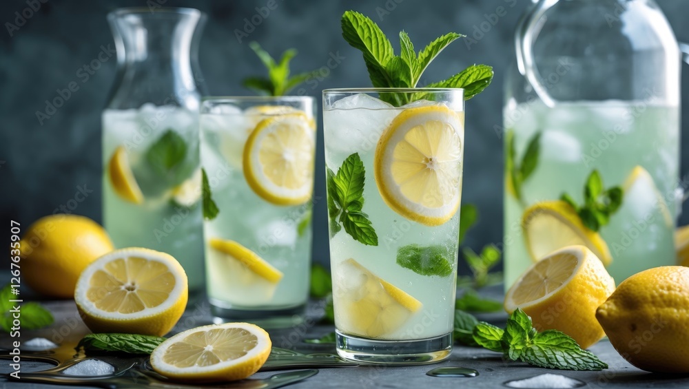 Fototapeta premium Refreshing Summer Lemonade With Slices of Lemon and Fresh Mint in Glasses and Pitcher on a Cool Background. Perfect for Hot Days.