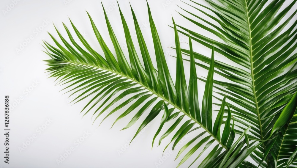 Fototapeta premium Lush Green Palm Leaf Isolated on Bright White Background for Fresh and Natural Design Elements