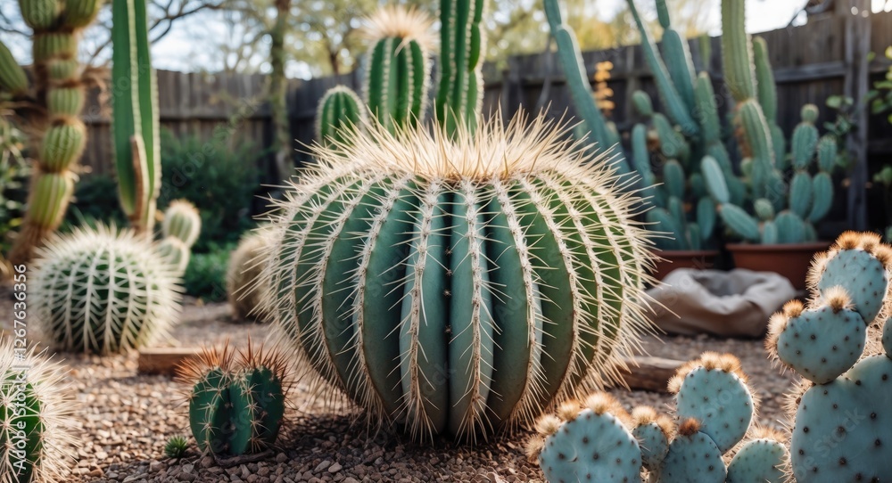 Echinocactus in a desert garden showcasing unique circular shapes and spiky textures amidst diverse cacti varieties and gravel landscape. Echinocactus in a desert garden showcasing unique circular shapes and spiky textures amidst diverse cacti varieties and gravel landscape.