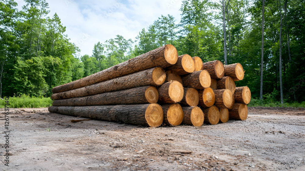 Stacked logs in forest clearing, ready for transport Stacked logs in forest clearing, ready for transport