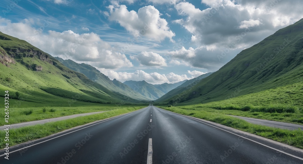 Naklejka premium Scenic Empty Asphalt Road Surrounded By Lush Green Mountains Under A Bright Sky With Clouds Vast Copy Space For Text
