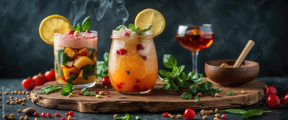 Obraz premium Refreshing colorful cocktails with fresh ingredients on a wooden board against a dark backdrop with space for text.
